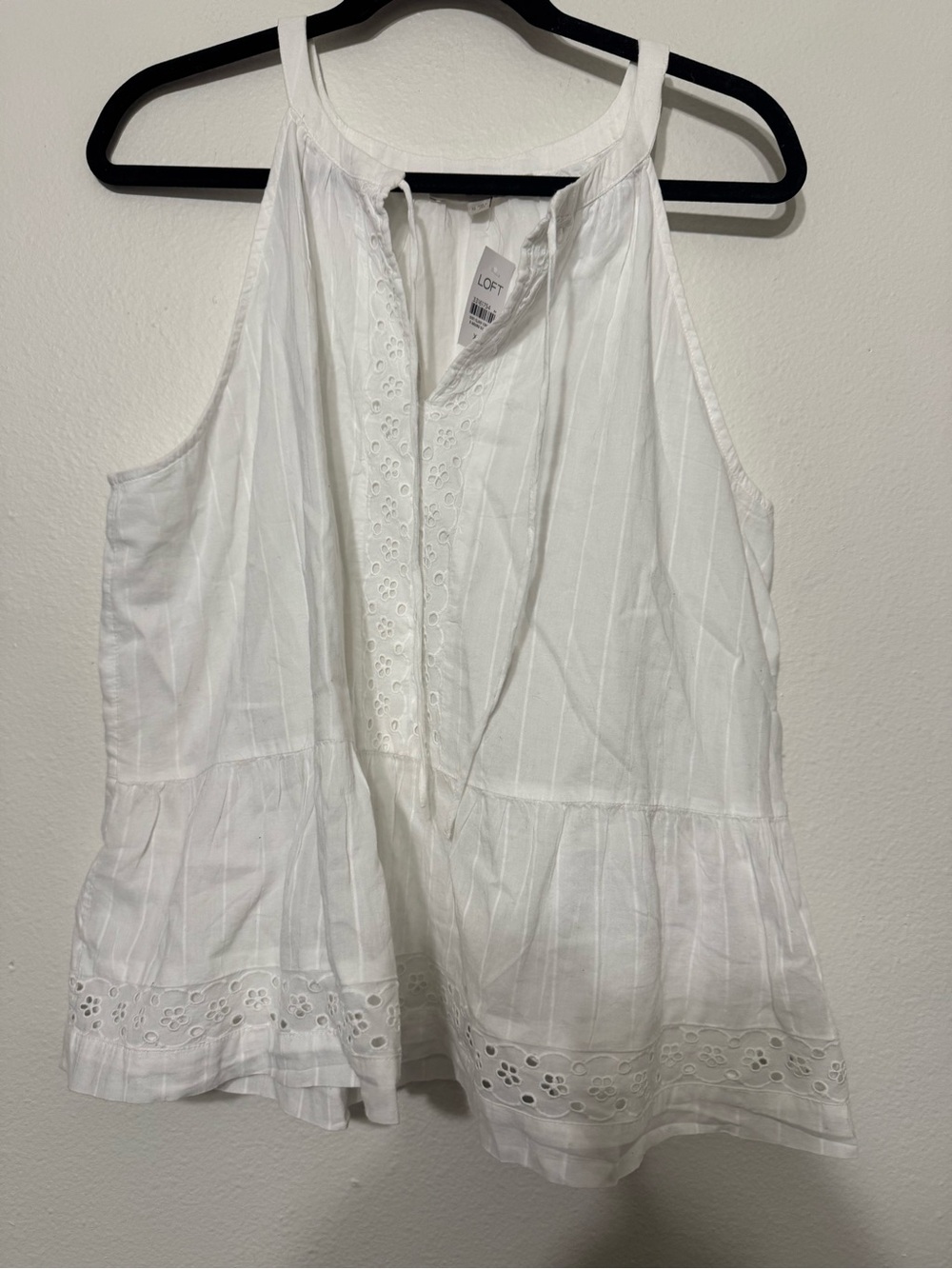 Loft White Eyelet Peplum Top With a Tie Neck NWT